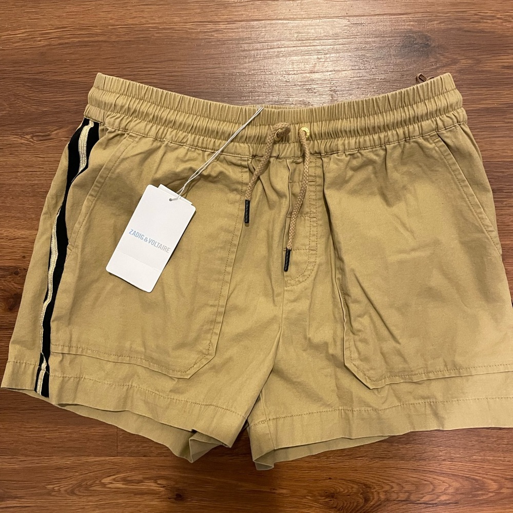 Zadig & Voltaire khaki shorts with gold/black lined strip on both sides